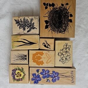Rubber Stamps Flowers Birds Bird Nest Dogwood Pansies Violet Pre -owned Lot of 9